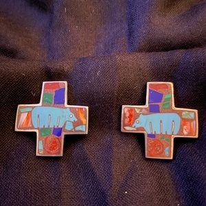 Hand laid turquoise sterling earrings are clip-on hand carved turquoise bear.